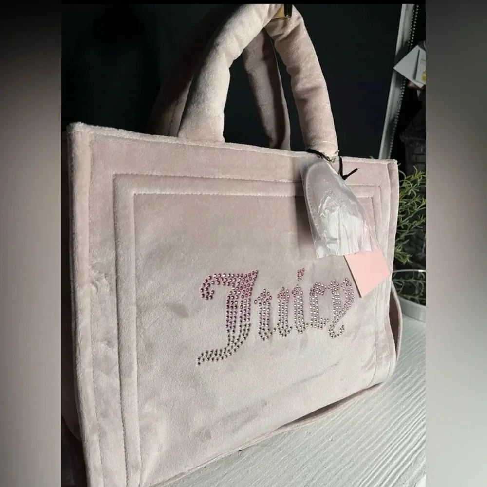 Juicy Couture Big Spender Velour Tote Dusty Blush Studded Logo NWT
